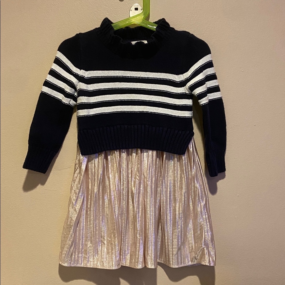 Crewcuts Girls 2T Navy & White Striped Sweater Dress with Shimmery Pleated Skirt - Picture 2 of 7